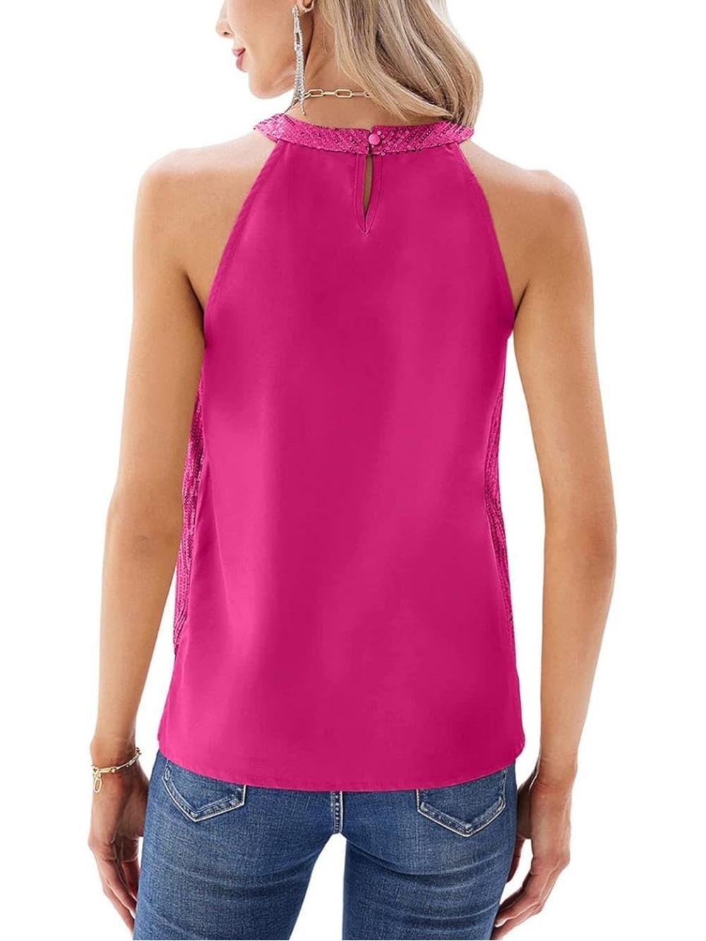 Fuchsia Sequin Halter Tank Top - Women XL - Picture 2 of 8